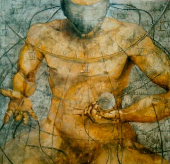 DE MENS EN DE MULTIMEDIA, gesso, oil & mixte, gold leafs